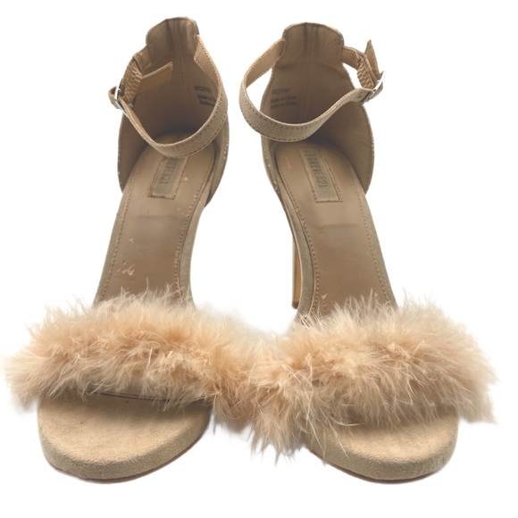 Cream Beige Dressy Faux Ostrich Feather & Suede Ankle Strap Open Toe Heels Shoes - Picture 2 of 7